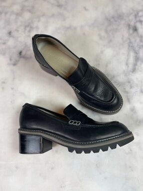 Bernardo Selma Black Leather Chunky Block Heel Loafers Sz 7.5